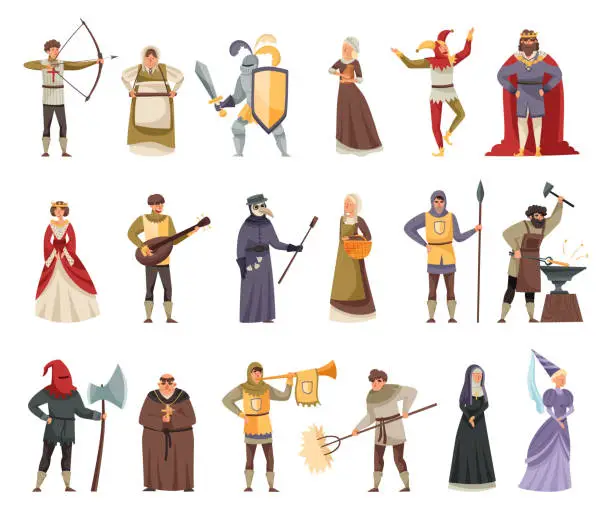 Vector illustration of Middle Ages with Medieval People Characters Big Vector Illustration Set