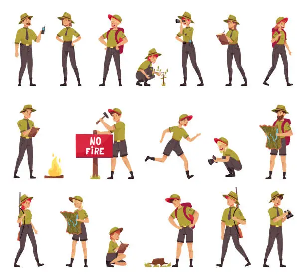 Vector illustration of Male and Female as Park Ranger or Forest Rangers Protecting and Preserving National Parklands Big Vector Set