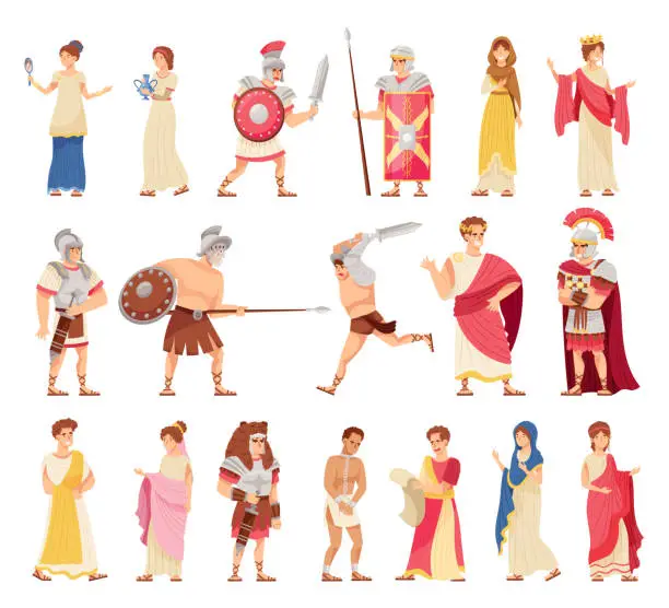 Vector illustration of Romans Man and Woman in Traditional Ethnic Clothing with Warrior and Emperor Big Vector Set