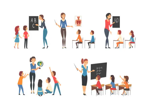 Vector illustration of Female teachers teaching kids at math, geography, biology lessons list. School education concept cartoon vector illustration i