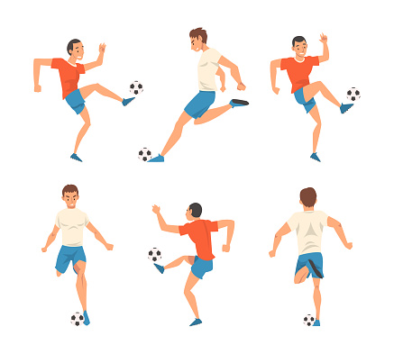 Professional athlete play soccer set. Football player in sports uniform running and kicking ball cartoon vector illustration isolated on white
