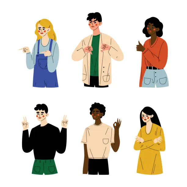 Vector illustration of Gesturing young people get. Guys and girls doing different hands gestures cartoon vector illustration