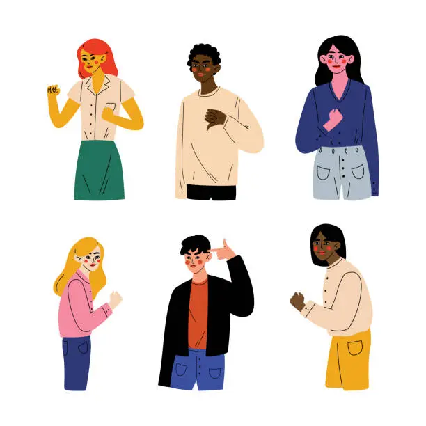 Vector illustration of Young people doing different gestures set. Male and female characters showing clenched fists, dislike and pilsol gesture. Body language concept cartoon vector illustration