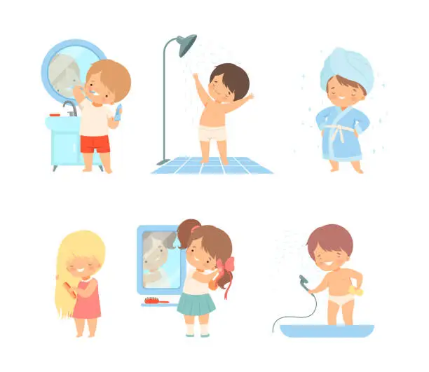 Vector illustration of Child morning bathroom routine. Cute kids taking shower, combing hair and brushing teeth cartoon vector illustration