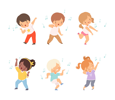 Set of cute boys and girls dancing and happily jumping cartoon vector illustration isolated on white