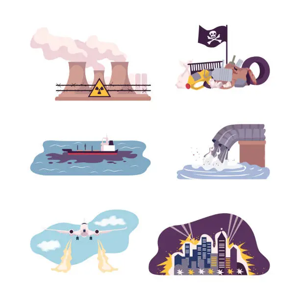 Vector illustration of Environmental pollution by industrial waste set. Oil spill, sewage, plastic waste, CO2 emissions cartoon vector illustration