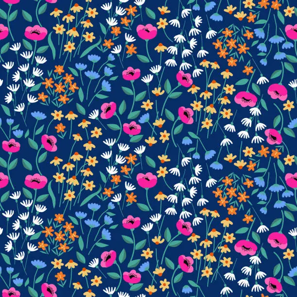 Vector illustration of Hand drawn flowers, seamless patterns with floral for fabric, textiles, clothing, wrapping paper, cover, banner, interior decor, abstract backgrounds.