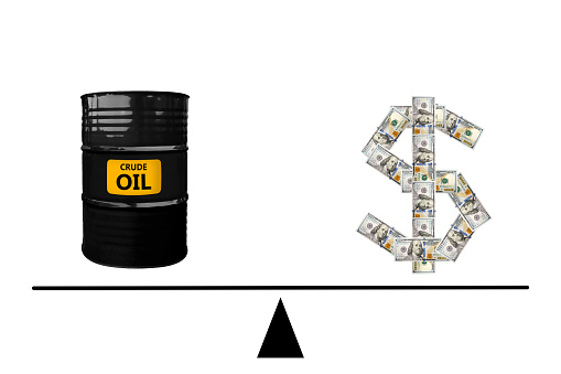 100 US dollars and crude oil barrel  on scales