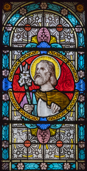 Chamonix - The  St. Joseph on the stained glass in the church St. Michael by Antonine Bernard (end of 19. cent.).