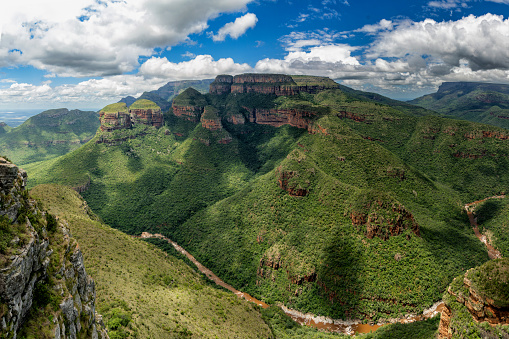 Panorama View of the highveld, the Blyde River canyon and the Three Rondavels, along the Panorama Route in Mpumalanga Province of South Africa