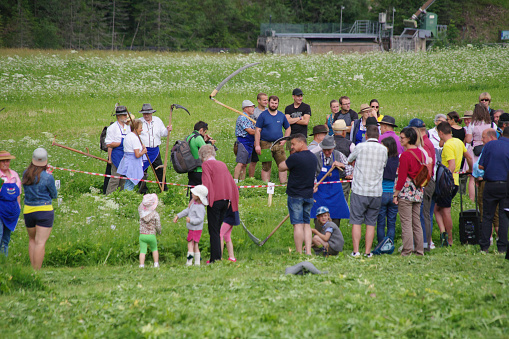 Trenton, Italy - July 02,  2023.  Community scythe event   in the Dolomites region.