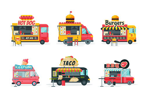 Street food trucks set. Hot dog, hamburger, bbq, taco, ice cream van cars cartoon vector illustration isolated on white