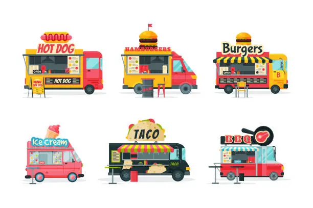 Vector illustration of Street food trucks set. Hot dog, hamburger, bbq, taco, ice cream van cars cartoon vector illustration
