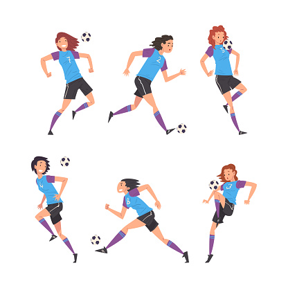 Set of girls in uniform playing soccer or football. Teenage girls soccer players running and kicking ball cartoon vector illustration isolated on white