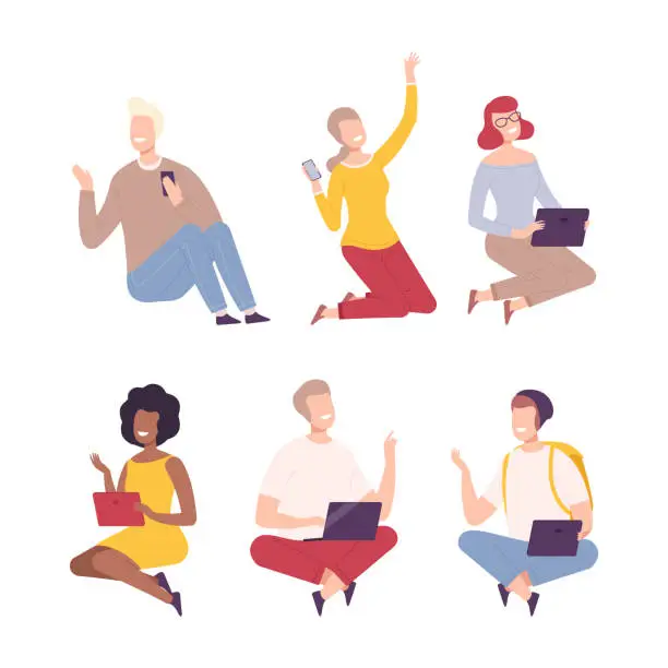 Vector illustration of People sitting on floor using digital devices set. Male and female characters with different gadgets flat vector illustratio
