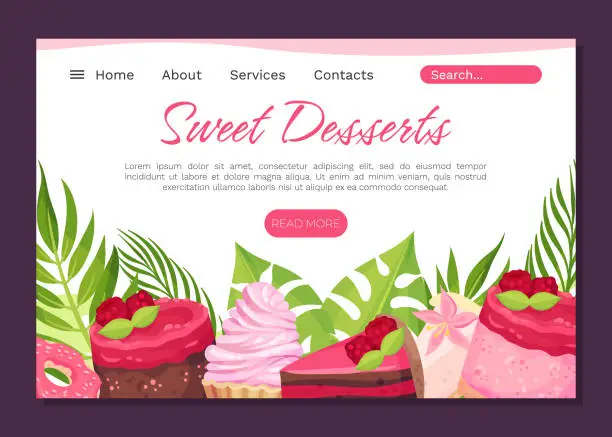 Vector illustration of Sweet Raspberry Dessert Banner Design with Creamy Cake and Donut Vector Template