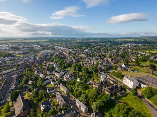This aerial drone photo shows the city of Stirling in Stirlingshire, Scotland.
