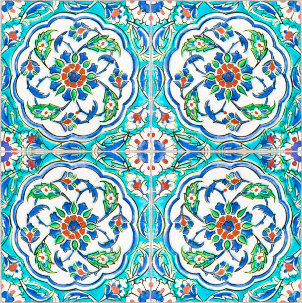 Composition of typical floral and geometric Turkish decorations with colored ceramic tiles - It's a seamless texture that can be repeated modularly to create a uniform and continuously background useful for renderings