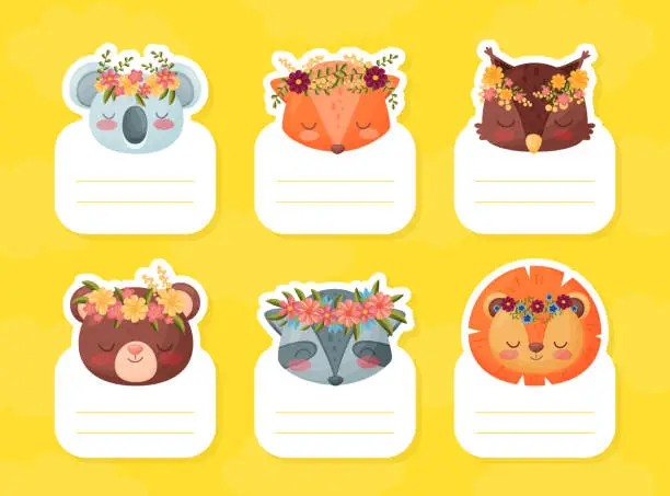 Vector illustration of Cute Animals Heads with Flower Crown Card Design Vector Template