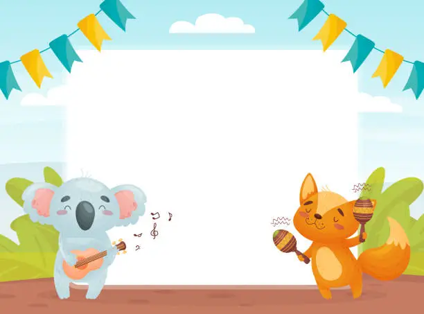 Vector illustration of Empty Card with Koala and Fox Playing Musical Instrument Vector Template