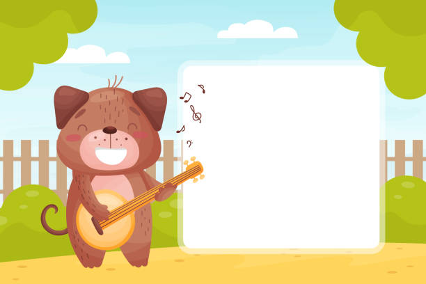 ilustrações de stock, clip art, desenhos animados e ícones de empty card with dog playing musical instrument vector template - dog set humor happiness