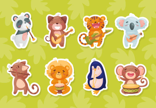 ilustrações de stock, clip art, desenhos animados e ícones de cute animals playing musical instrument vector sticker set - dog set humor happiness