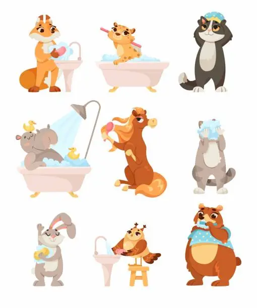 Vector illustration of Animal Characters and Hygiene Rules Washing and Grooming Vector Set