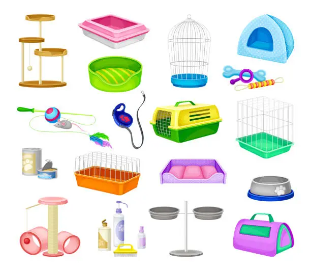 Vector illustration of Pet Shop or Store Accessories with Cage and Cat Tree Big Vector Set