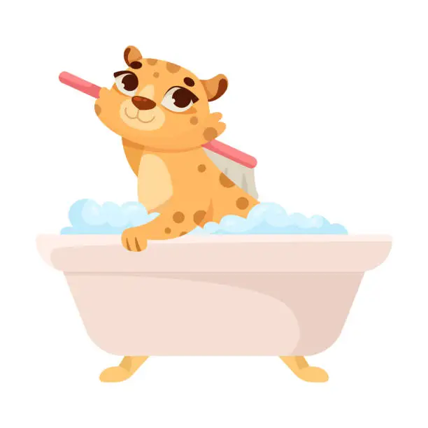 Vector illustration of Cheetah Character Washing in Bathtub Follow Hygiene Rule Vector Illustration