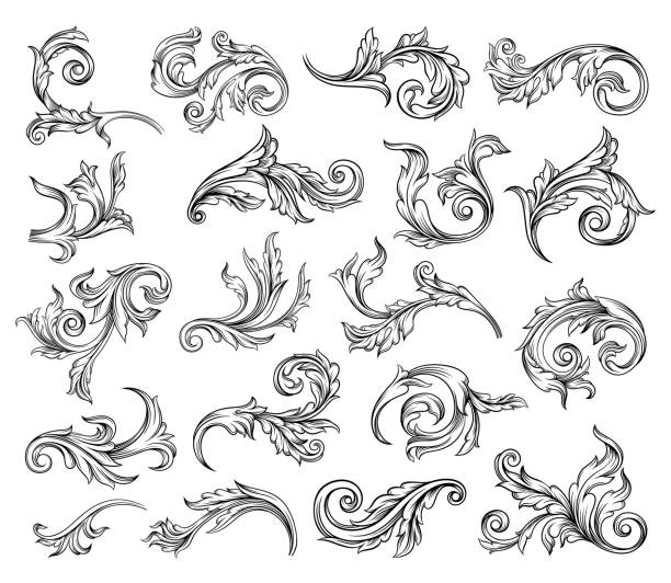 ilustraciones, imágenes clip art, dibujos animados e iconos de stock de pergamino barroco como elemento de ornamento y diseño gráfico con espirales y motivo de círculo rodante gran conjunto vectorial - acanto