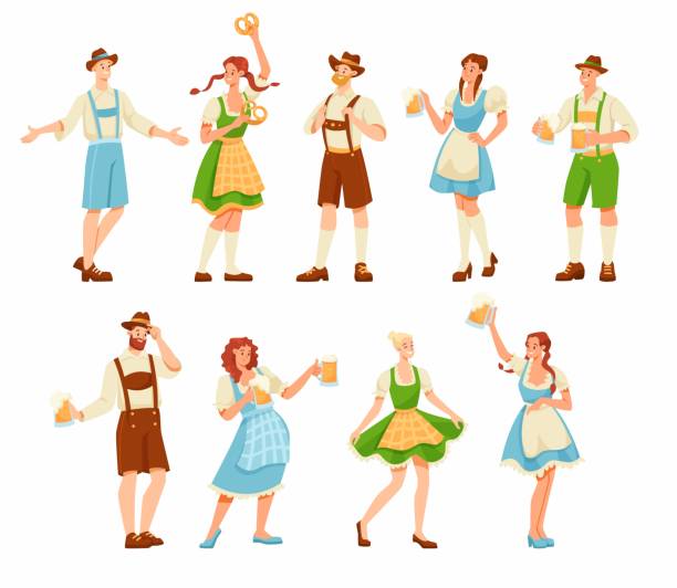 Beer Festival with People Characters Celebrating Holiday Vector Set Beer Festival with People Characters Celebrating Holiday Vector Set. Beer Fest with Man and Woman with Mug and Pretzel at Autumn Traditional German Fest bavarian dress stock illustrations