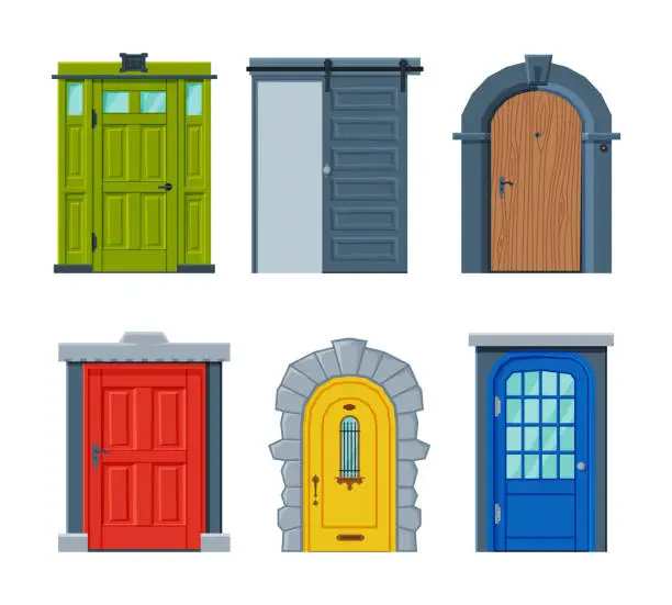 Vector illustration of Wooden modern and classic closed front doors set. Entries to apartments, houses and buildings set cartoon vector illustration