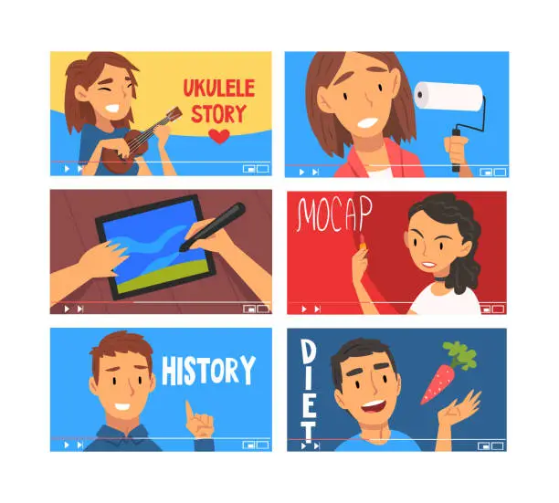Vector illustration of Set of bloggers and vloggers making internet. Male and female characters creating video about makeup, history, diet for vlog cartoon vector illustration