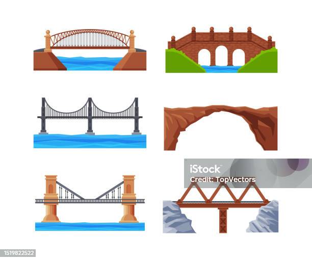 Set Of Brick And Iron Bridges City Architecture Elements Cartoon Vector Illustration Stock Illustration - Download Image Now