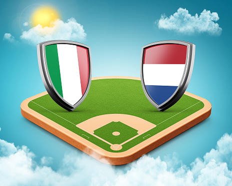 Italy vs Netherlands Versus screen field stadium, Baseball stadium Sky clouds sun 3d illustration