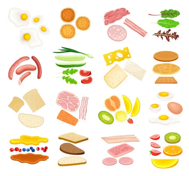 Vector illustration of Floating Breakfast Ingredients with Bread Slices, Vegetables and Bacon Big Vector Set
