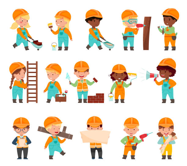Little Builders Wearing Hard Hat with Construction Tools Executing Work Big Vector Set Little Builders Wearing Hard Hat with Construction Tools Executing Work Big Vector Set. Cute Kids Engaged in Manual Labour and Working on Construction Site Concept girl with a hammer stock illustrations