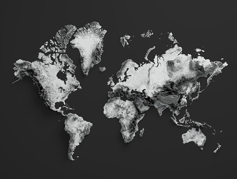 3d World Map Black And White Shaded Relief Hypsometric Map On Dark Background, 3d illustration\nSource Map Data: tangrams.github.io/heightmapper/,\nSoftware Cinema 4d