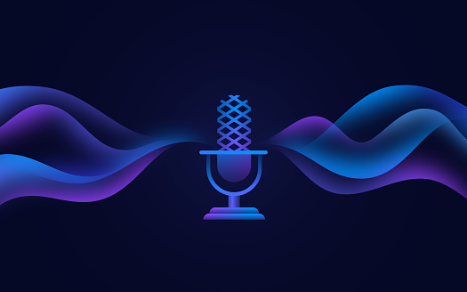Podcast sound broadcasting microphone gradient sound waves abstract background design.
