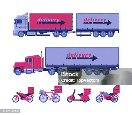 istock Delivery service transport set. Motorbike, bicycle, truck, scooter transportation distribution vehicles cartoon vector illustration 1519856916
