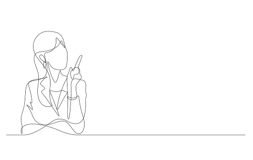 young business woman pointing finger up having an idea in one line drawing vector illustration