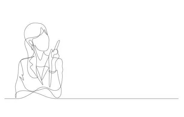 Vector illustration of young business woman pointing finger up having an idea in one line drawing