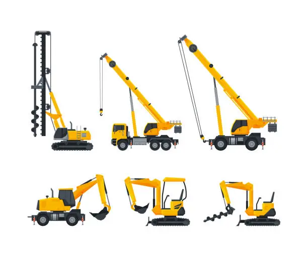 Vector illustration of Heavy construction machinery set. Excavator, crane service vehicles special transport flat vector illustration