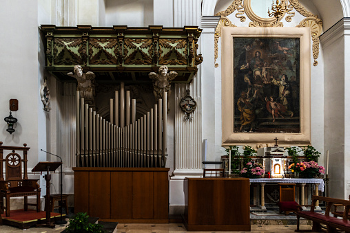 Pipe organ of the church of San Domenico in the old town of Agrigento, Sicily, Italy,