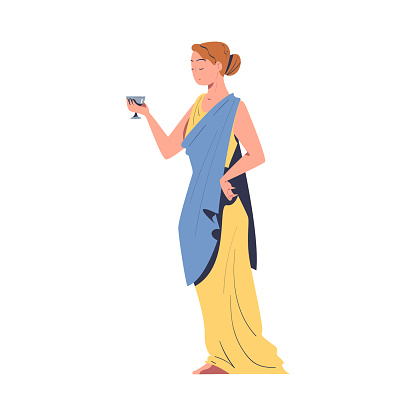 Ancient Woman Roman Character from Classical Antiquity with Goblet Vector Illustration. Young Female as Rome Citizen