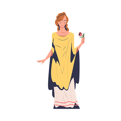 Ancient Woman Roman Character Holding Flower Vector Illustration. Young Female as Rome Citizen