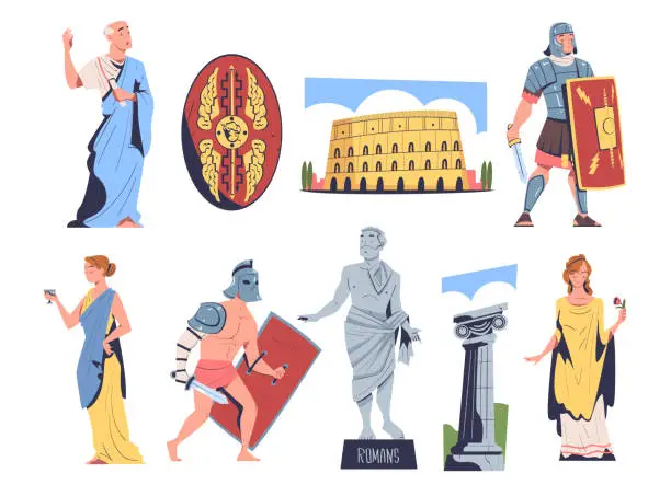 Vector illustration of Ancient Rome Citizens in Traditional Clothing with Warrior, Patrician Female and Coliseum Landmark Vector Set