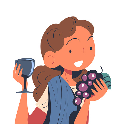 Ancient Woman Roman Character from Classical Antiquity with Grape and Goblet Vector Illustration. Smiling Female as Rome Citizen