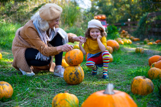 istock Child Girl in Pumpkin patch with her granny 1519899953