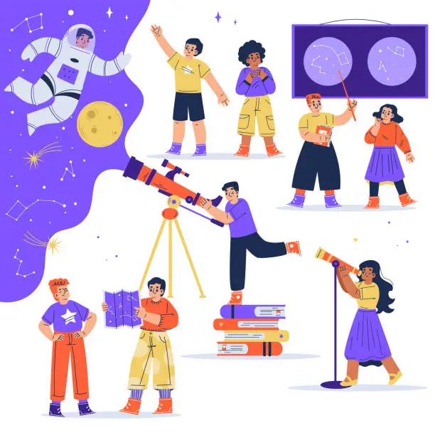 Vector illustration of Children Exploring Space and Galaxy Studying Planet Watching Telescope Vector Illustration